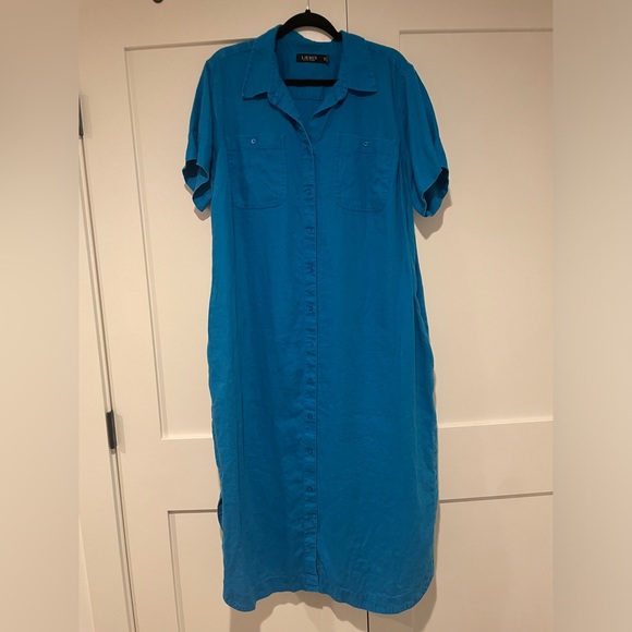 Ralph Lauren Turquoise Linen Dress w/ belt and pockets - Picture 2 of 5